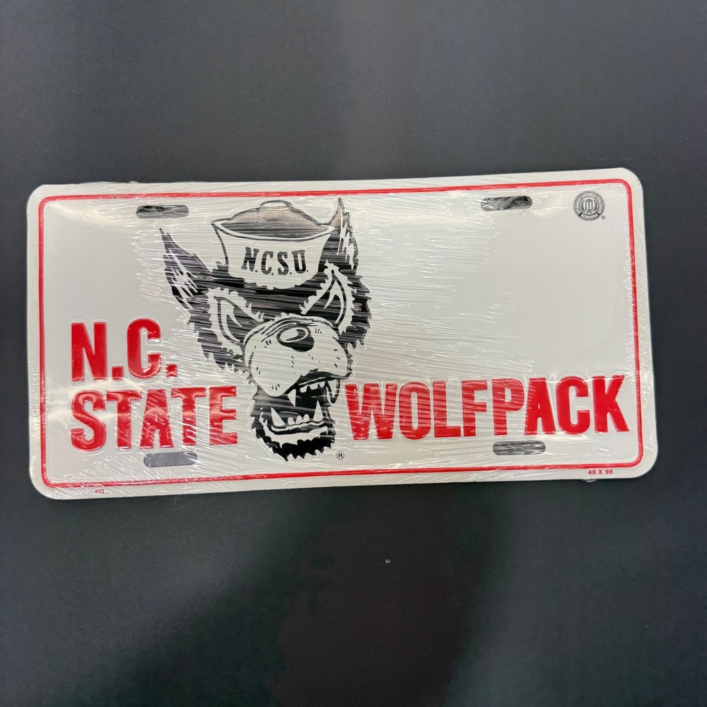 NC State Wolfpack NCAA License Plate Tuffy Mascot Metal Tag White Red 49 X 95